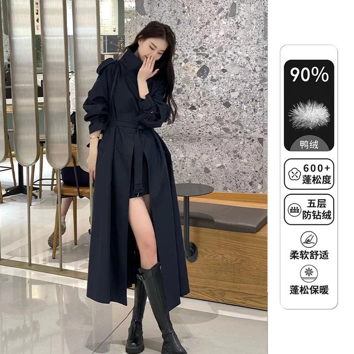 羽绒服韩系高级垂感秋冬新款长款宽松立领90白鸭绒风衣轻装滑外套