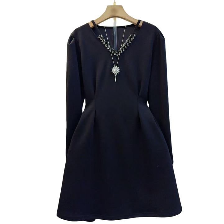 新款气质V领拼接亮钻收腰时尚名媛连衣裙（长87左右）