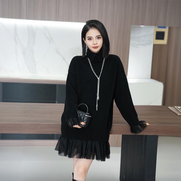 POPULARYW【寒烟暮行】Z·R上品屋 法式长袖荷叶边宽松针织连衣裙