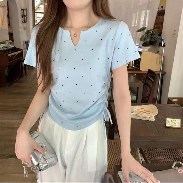 小众设计感波点半开领针织短袖夏季大码抽绳减龄高级感遮肉上衣女