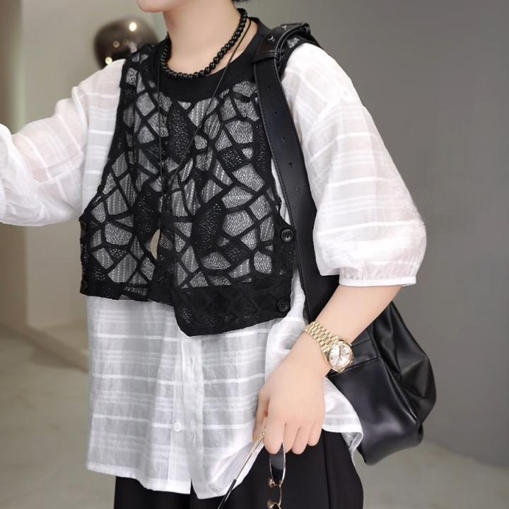 2025夏季小众菱格蕾丝马甲拼接假两件宽松圆领衬衫LK2502656
