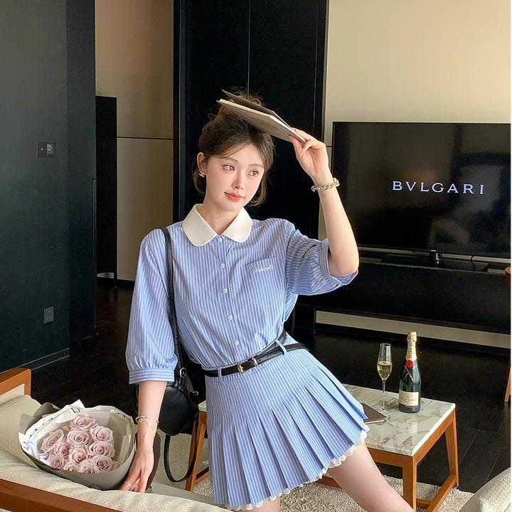 过年衣服女一整套2025韩版撞色娃娃领长袖衬衫减龄百褶裙两件套