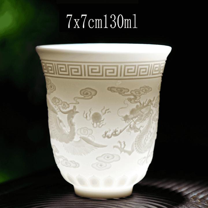 羊脂玉茶杯个人杯主人杯女士浮雕龙凤品茗杯喝茶专用单杯白瓷家用