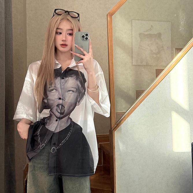 欧美复古潮流宽松趣味恶搞小孩头像印花短袖衬衫美式休闲中性短衬
