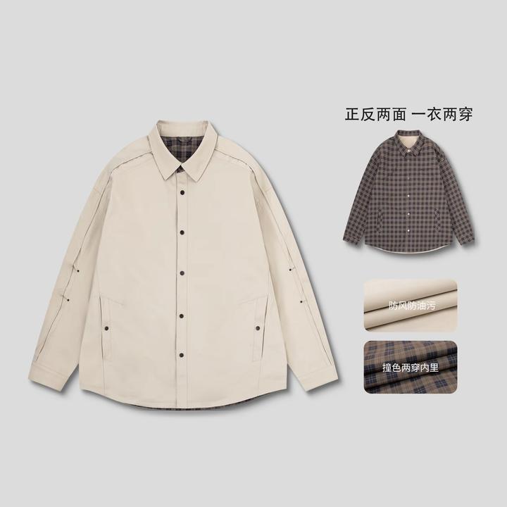 秋季新款复古格纹双面穿休闲翻领长袖衬衫夹克外套