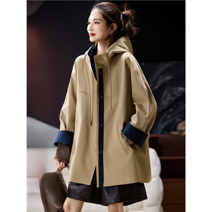 DUCURNO洋气撞色拼接连帽外套女2025秋冬新款大码宽松中长款风衣