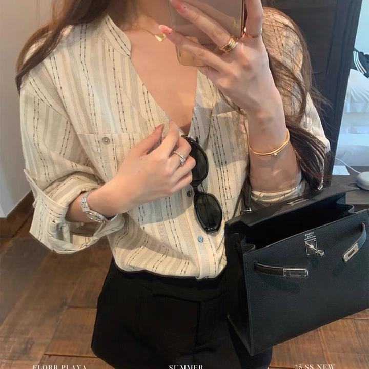 花花媛 夏日封神衬衫！老钱风亚麻立领衬衫女夏宽松气质薄款上衣