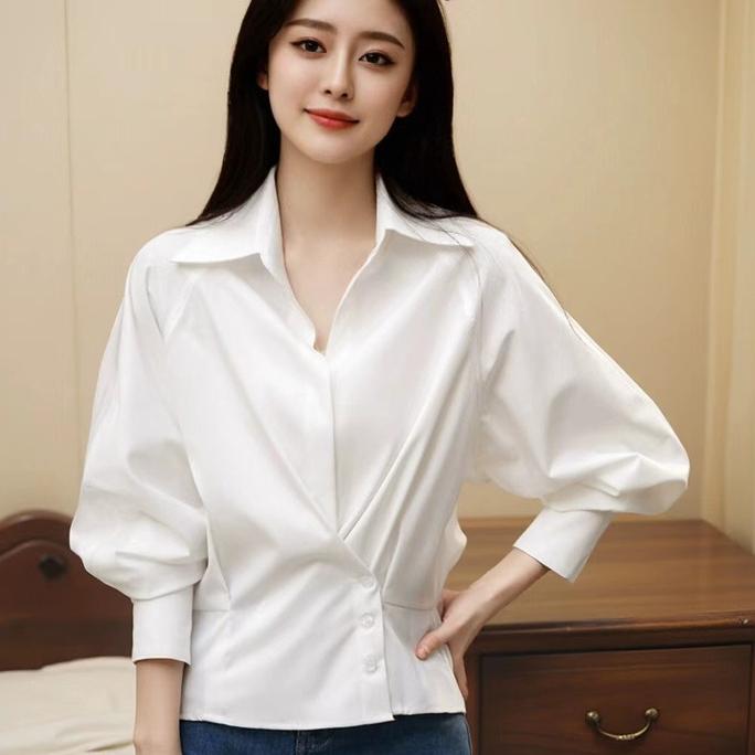 职业阿玛诗官2025春秋季新款翻领收腰显瘦长袖衬衫纯色百搭衬衣女
