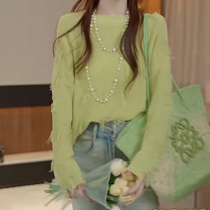 设计感宽松流苏磨破打底衫女2025新款春季时尚纯色长袖针织衫上衣