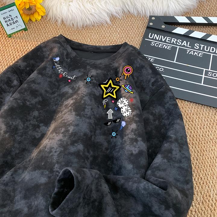 扎染长袖T恤秋季新款男生百搭休闲重磅潮牌休闲宽松印花圆领上衣