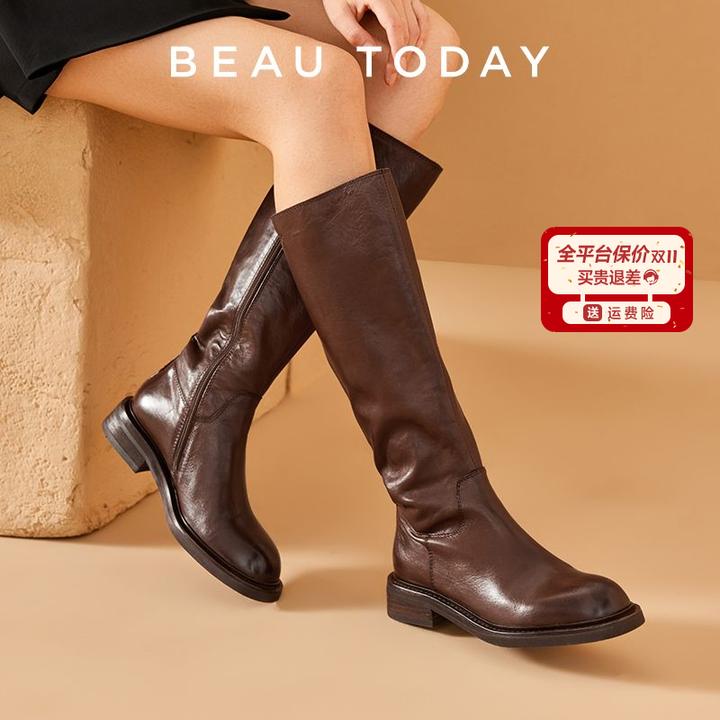 BeauToday【进口水洗马皮】 长筒靴子显瘦知性百搭粗跟拉链女款靴子