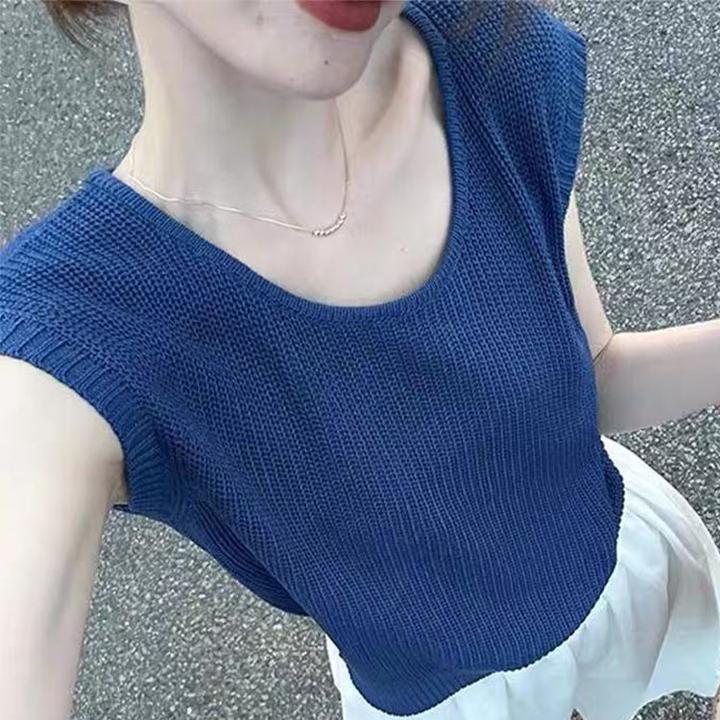 夏季薄款冰丝针织衫螺纹无袖U领时髦洋气上衣女款爆款2025新款潮