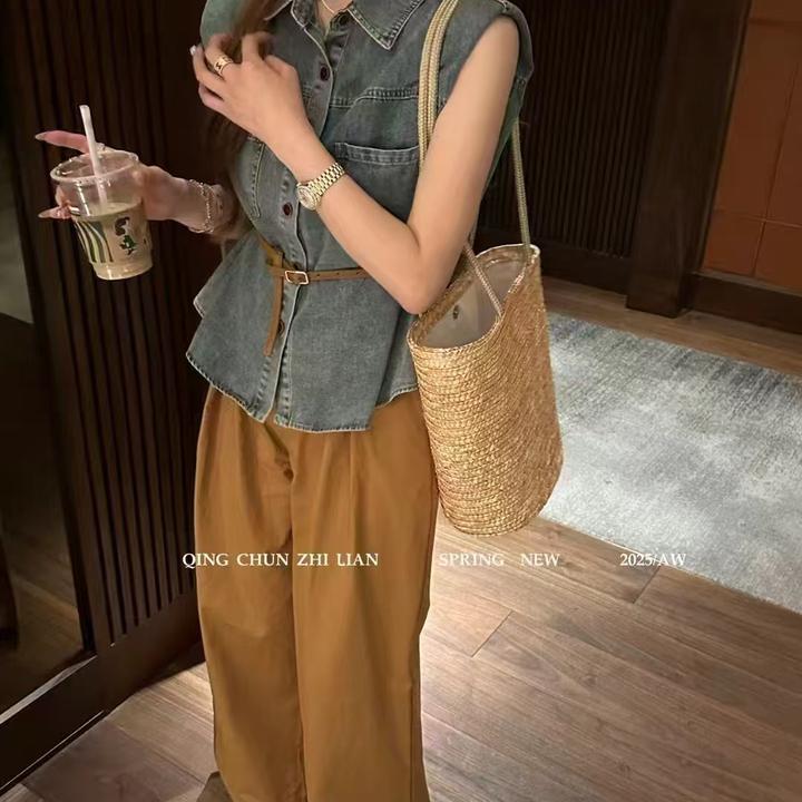 2025夏季减龄一套穿搭网红复古无袖牛仔上衣＋休闲阔腿套装女