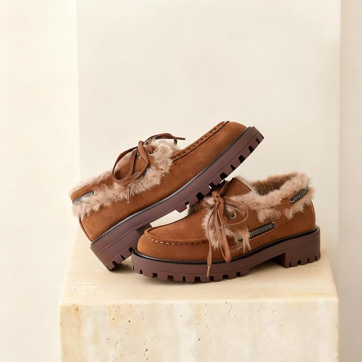 小众设计真皮粗跟加绒乐福鞋女2025秋冬新款英伦风系带厚底毛毛鞋