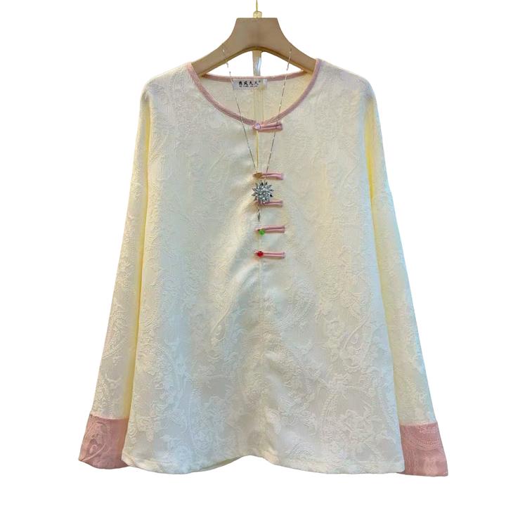 圆领国风盘扣彩珠设计洋气时尚百搭休闲上衣（长64左右）