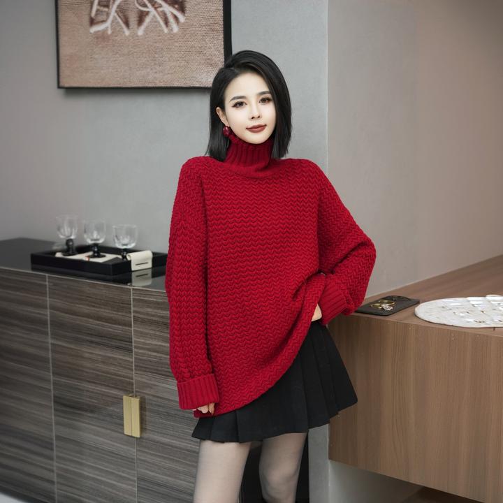 POPULARYW【圣诞童话】极简风宽松套头高领纯色长款短款长袖毛衣