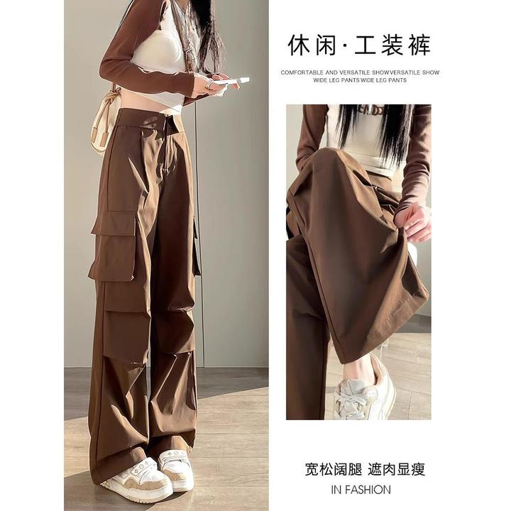 美式工装裤女春秋爆款高腰降落伞咖啡色登山阔腿运动裤子显瘦休闲