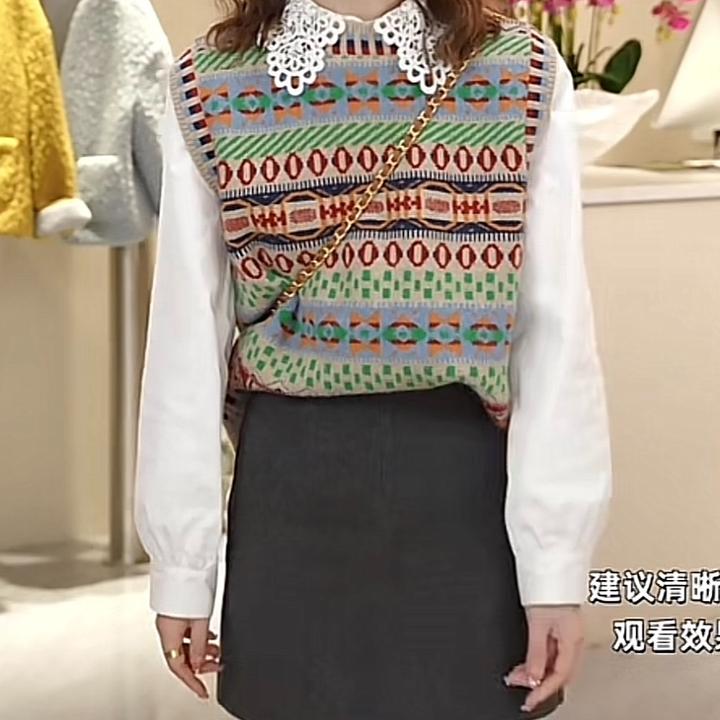 韩版复古彩色民族风提花针织马甲女秋冬新款宽松显瘦无袖背心上衣