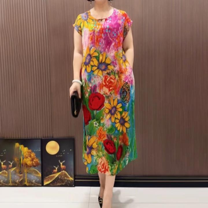 夏季时尚漂亮百搭短袖透气圆领裙中老年装韩版休闲减龄气质连衣裙