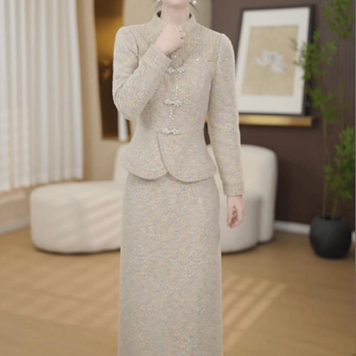 C382【上衣+半身裙】2025冬季新款时尚气质遮肚收腰新中式套装裙