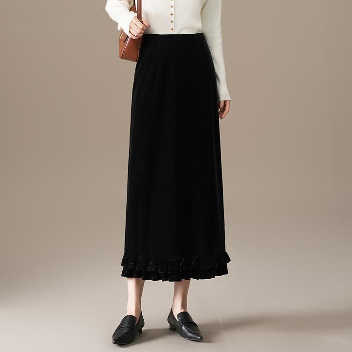 黑色金丝绒半身裙女2025新款早秋款高腰荷叶边长款一步开叉包臀裙