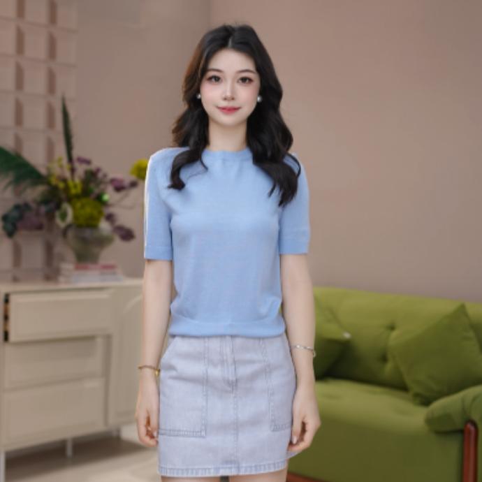 GIRDEAR/哥弟新款ins文艺上衣慵懒舒适圆领精致绵羊毛短袖138101