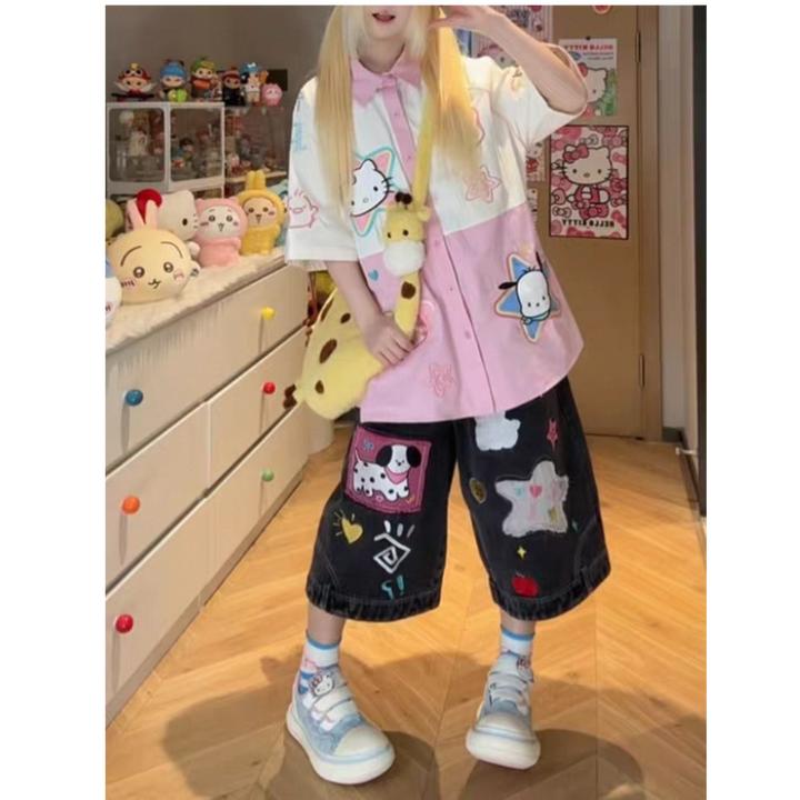 美式小狗星星贴布绣牛仔裤女夏季短裤七分裤宽松直筒设计感中裤子
