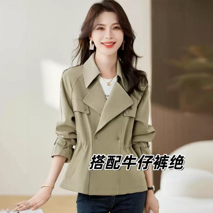 2025春秋季风衣通勤西装领纯色双排扣中长款常规长袖修身显瘦外套