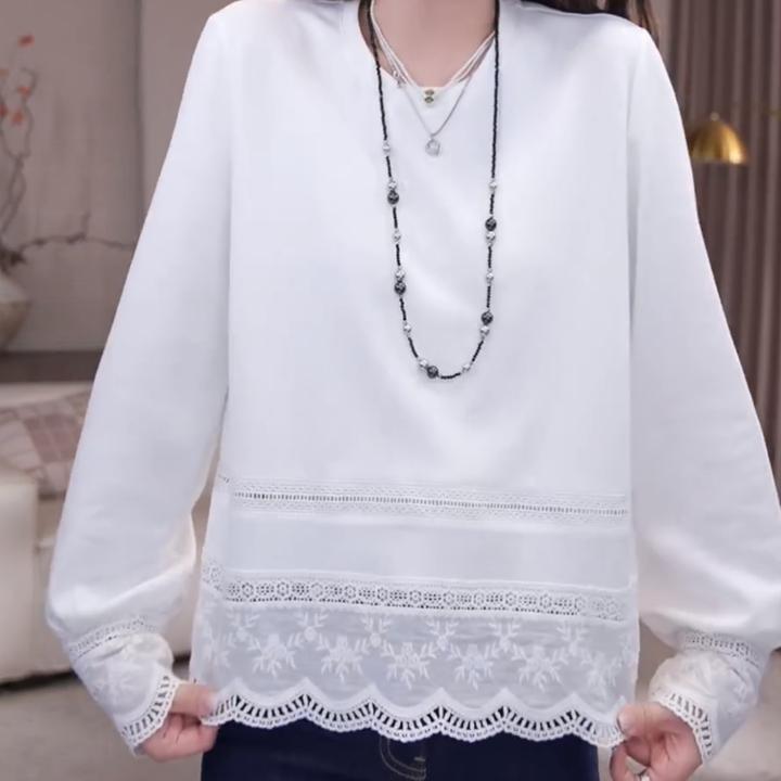 设计感圆领拼接蕾丝长袖打底T恤女2025新款春季百搭宽松提花上衣