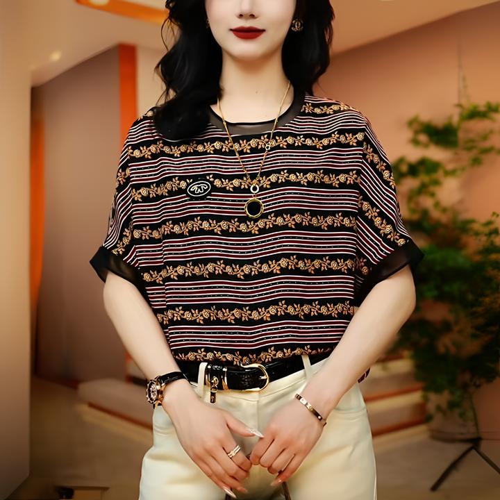 【贵妇装】原创【赤黑纹韵】金纹点缀条纹设计打造高端气质短袖上衣