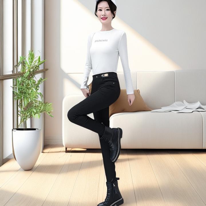 冬季羊羔绒牛仔裤女黑色高弹紧身显瘦小脚铅笔裤修身加厚秋冬加绒