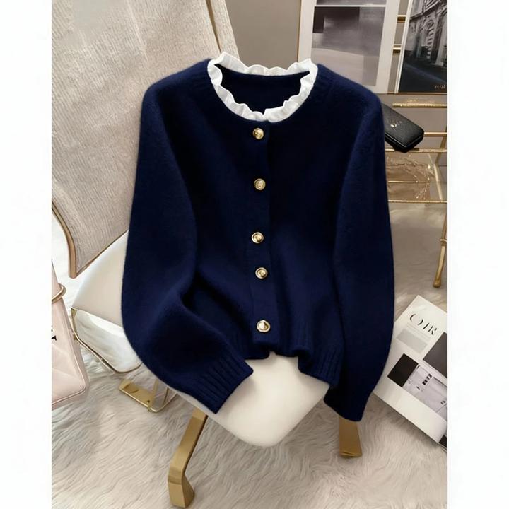 秋季韩系穿搭设计感小众长袖针织衫女高级感小香风藏蓝色毛衣上衣