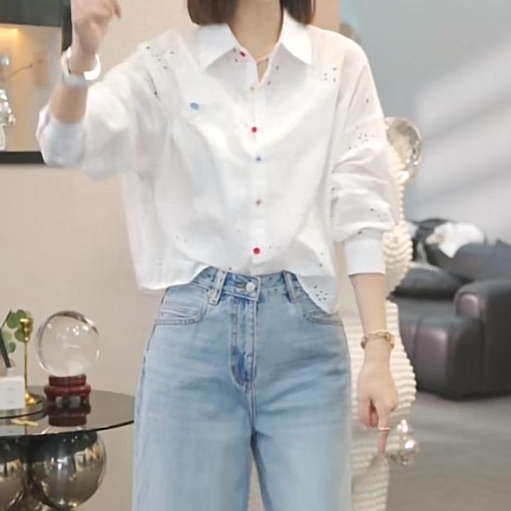 设计感白色蕾丝刺绣长袖衬衫女2025春季新款时尚休闲气质白色衬衣