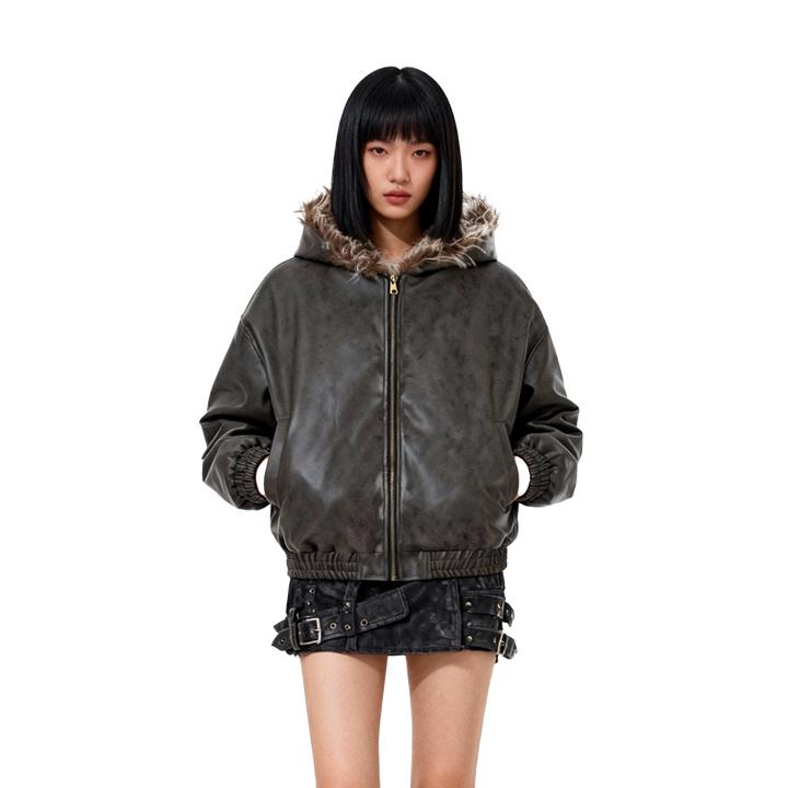 美式复古街头时尚潮流座山雕毛领连帽棉服皮衣外套情侣中性风棉衣