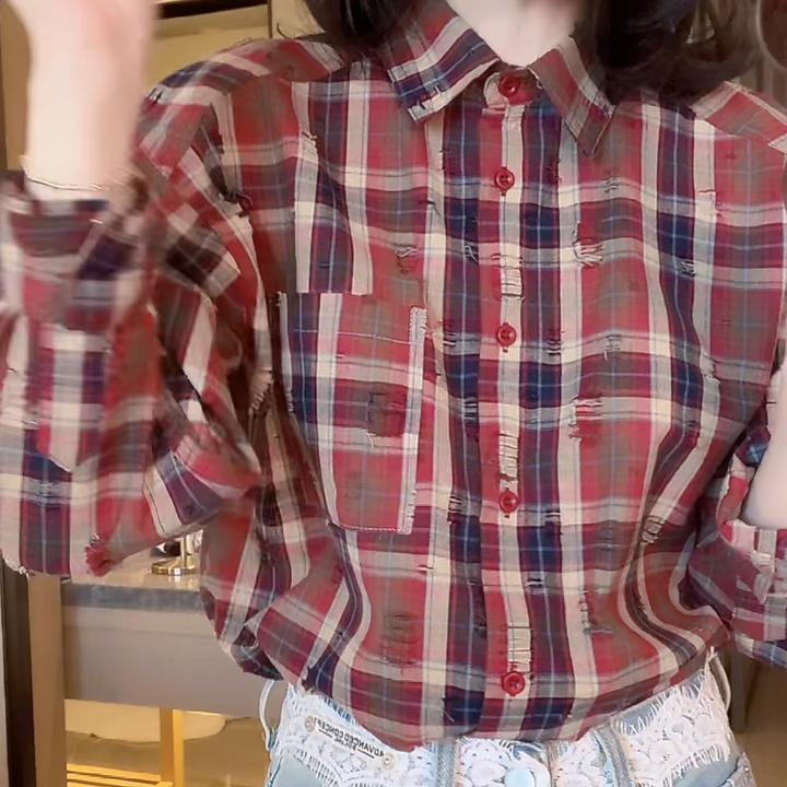 撞色格子磨破衬衫2025春季新款时尚气质设计感上衣小众复古衬衣