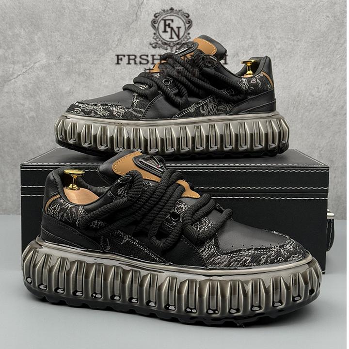 法莎尼亚男士轻奢厚底板鞋欧美时尚拼接印花休闲增高潮鞋橡胶板鞋