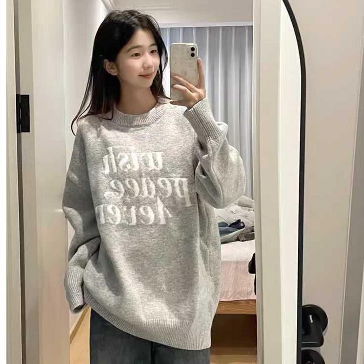 美式复古字母提花灰色毛衣女秋冬宽松外穿慵懒风圆领软糯针织上衣
