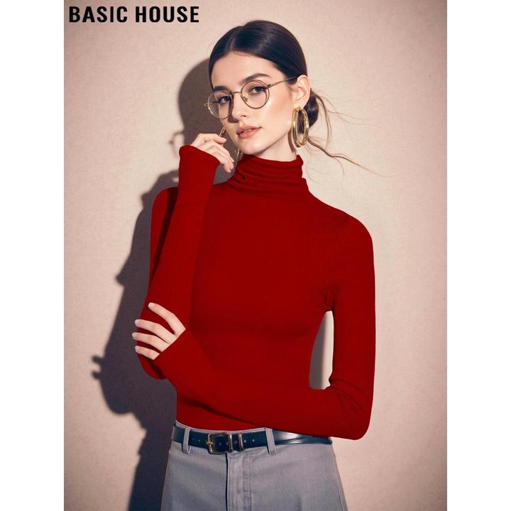 Basic House/百家好红色100%羊毛韩系女款秋冬毛衣女士2026冬季