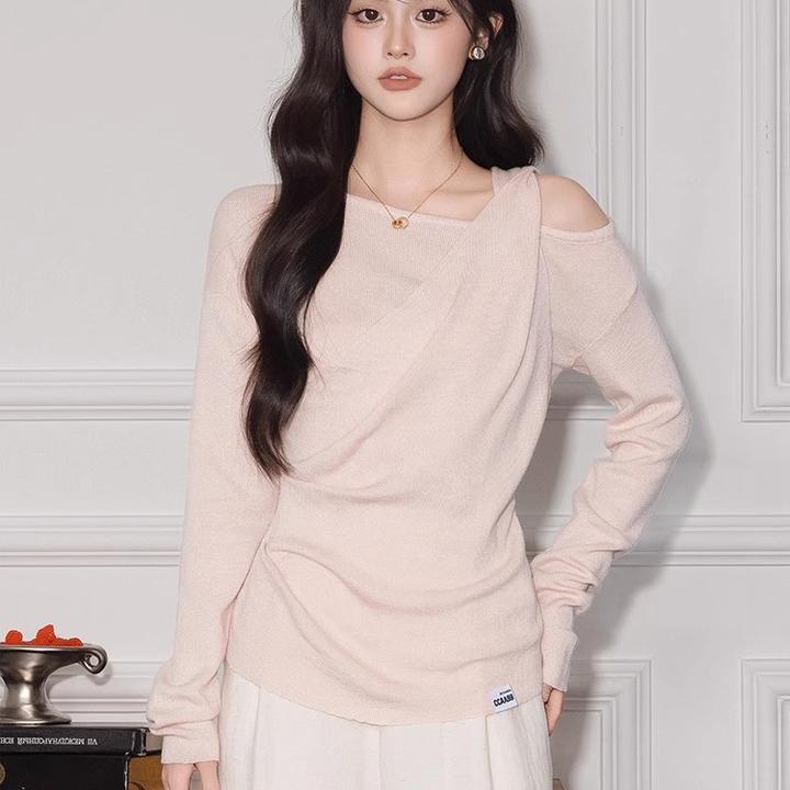 MISU/糜素不规则斜领褶皱长袖T恤女2025秋季新款纯欲风斜肩上衣