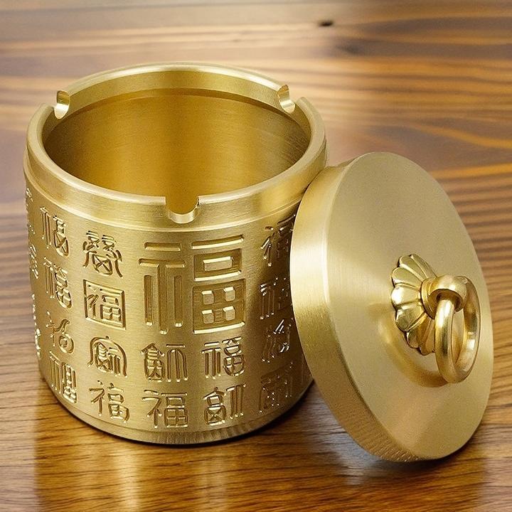 黄铜烟灰缸金属带盖子百福祥云创意防飞灰烟味车载办公室家用摆件