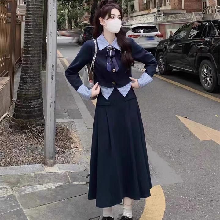 (工厂直发）高级感茶系穿搭女装百褶半身裙学院风长裙套装