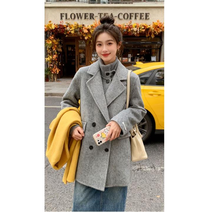 HSTYLE/韩都衣舍显瘦双面羊毛大衣立领两件套外出新款外套毛呢女