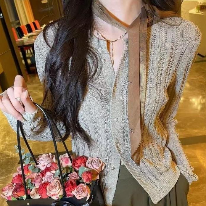 职业阿玛诗官2025春新款圆领镂空长袖针织开衫女显瘦薄款小衫外套