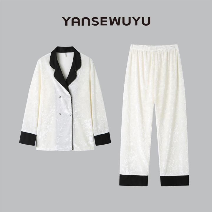 妍色物语【英伦小香】春秋长袖小香风黑色双排扣金钻绒家居服睡衣