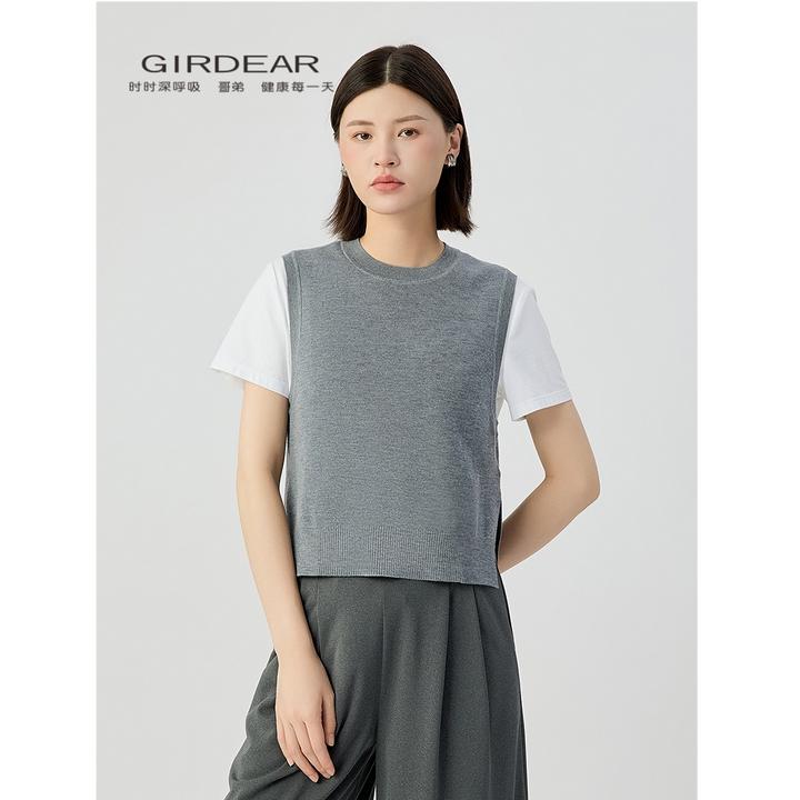 哥弟圆领后背开叉造型针织马甲(4色)1399701