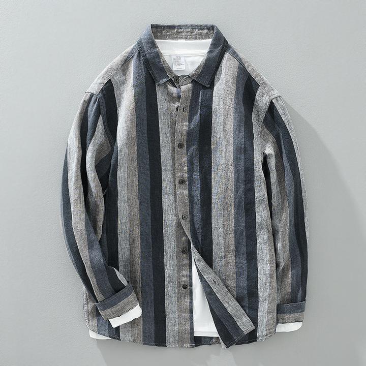 【亚麻条纹】复古套头麻料拼色宽松春夏百搭衬衫立领短袖衬衫