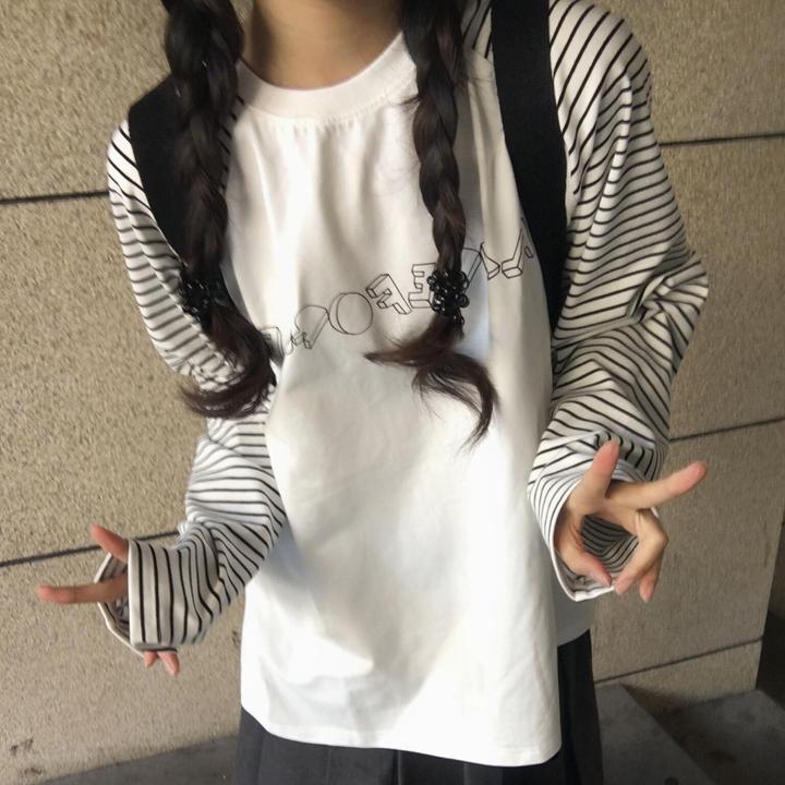 春秋季薄款长袖T恤女宽松显瘦休闲百搭韩系复古条纹拼接圆领上衣