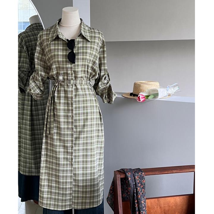 设计款衬衫裙浪漫格子女春夏收腰显瘦衬衫裙子连衣裙中长款时尚潮