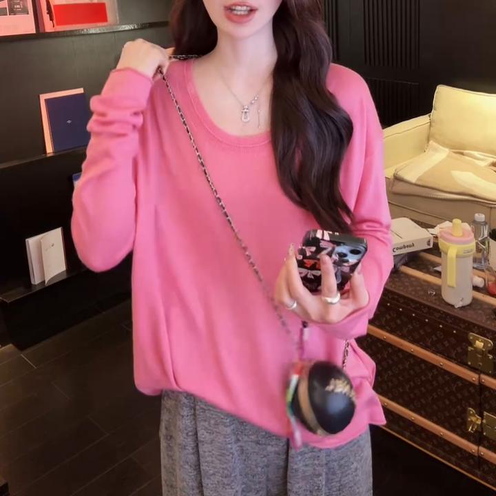 百搭舒适针织长袖T恤 奶油慕斯 春秋薄款修身上衣LK2501452