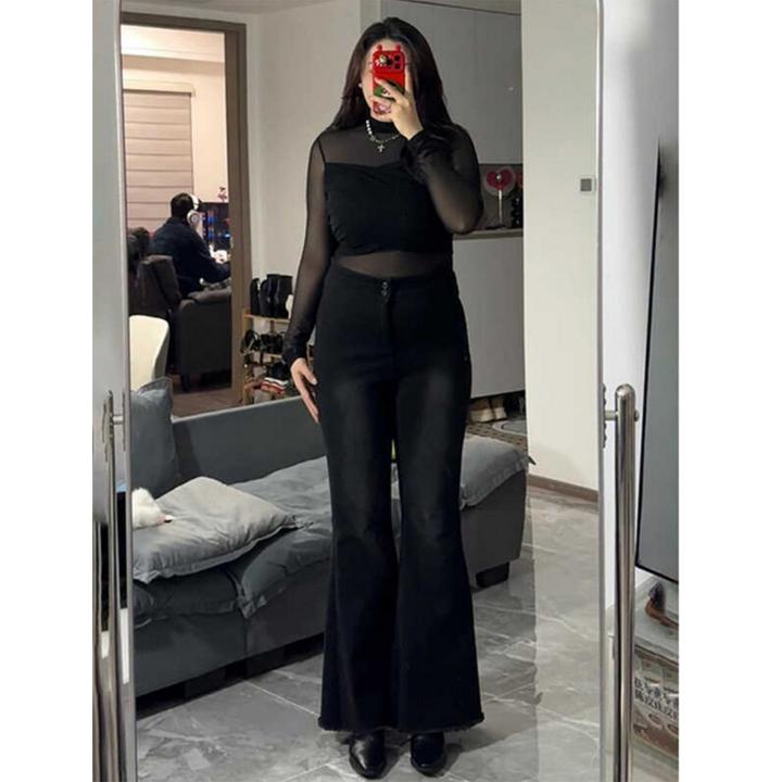 2-300斤大码女装黑色微喇牛仔裤女秋季裤子胖mm显瘦鱼尾喇叭裤潮